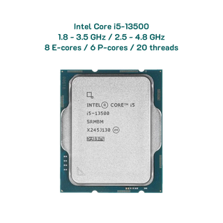 CPU Intel Core i5-13500 /  8 E-cores (1.8 - 3.5 GHz) / 6 P-cores (2.5 - 4.8 GHz) / 20 threads