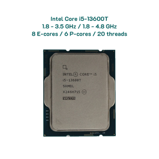 CPU Intel Core i5-13600T / 8 E-cores (1.8 - 3.5 GHz) / 6 P-cores (1.8 - 4.8 GHz) / 20 threads